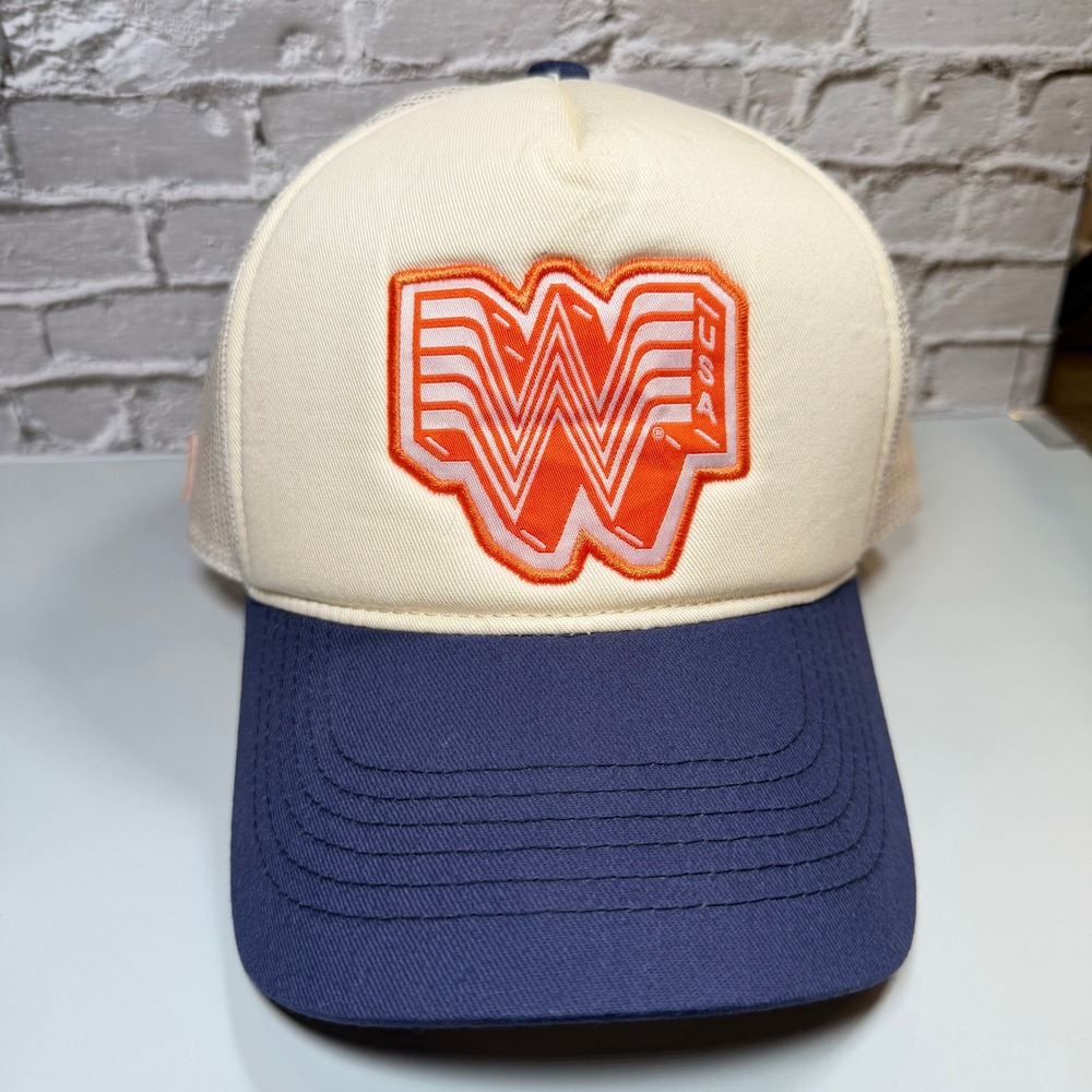 Whataburger Trucker Hat Mens OSFM Cream Navy Blue Mesh Snapback Texas USA Logo